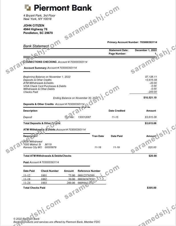 USA New York Piermont bank statement Word and PDF template
